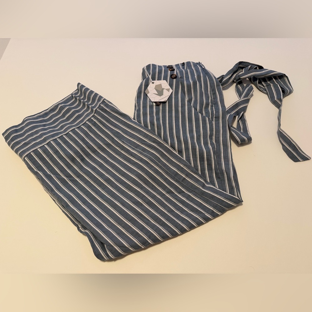 Papercrane Blue White Striped Wide Leg Jumpsuit L NWT Tie Strap Button Front